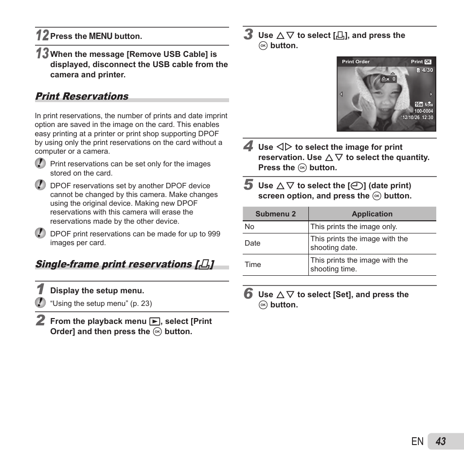 43 en, Print reservations, Single-frame print reservations | Olympus VH-410 User Manual | Page 43 / 71