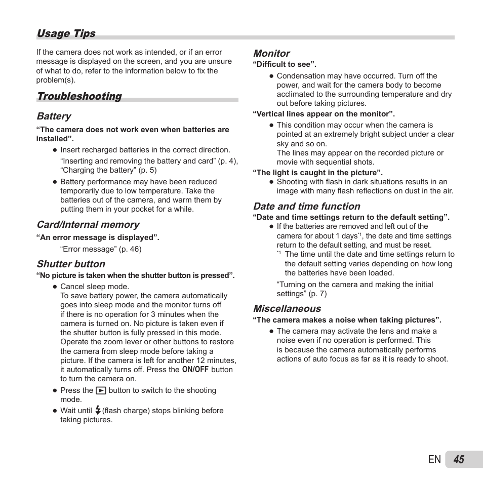 Usage tips, 45 en, Troubleshooting | Battery, Shutter button, Monitor, Date and time function, Miscellaneous | Olympus VH-410 User Manual | Page 45 / 71