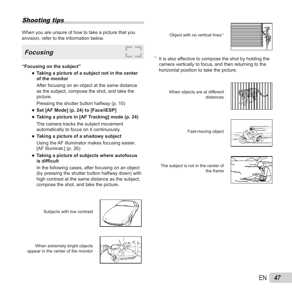 47 en, Shooting tips, Focusing | Olympus VH-410 User Manual | Page 47 / 71