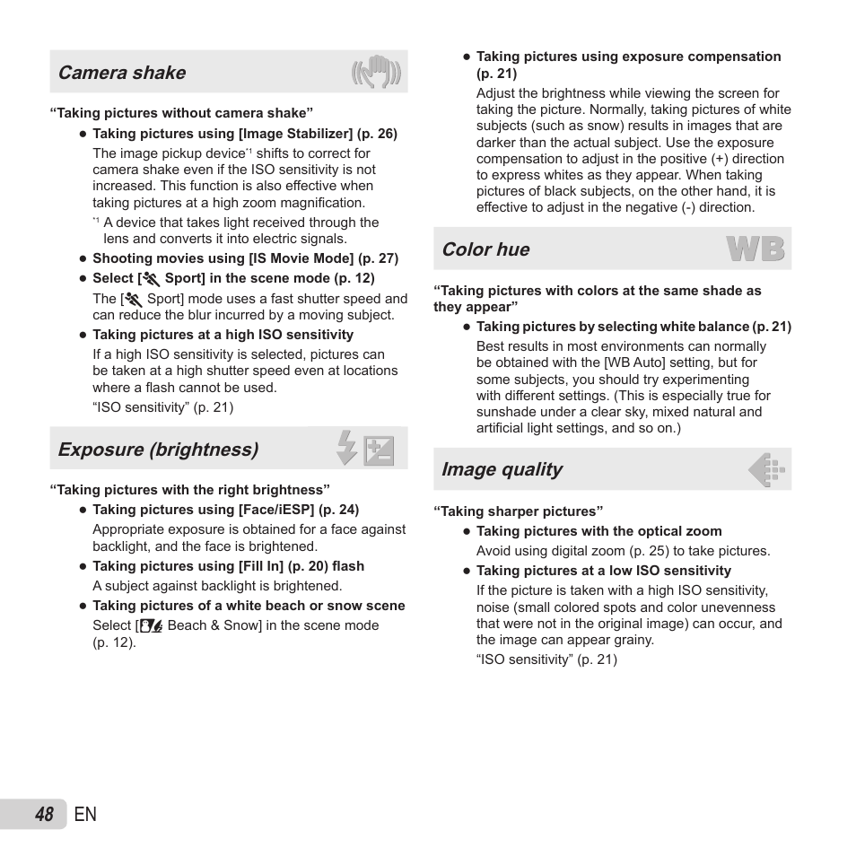 48 en, Camera shake, Exposure (brightness) | Color hue, Image quality | Olympus VH-410 User Manual | Page 48 / 71