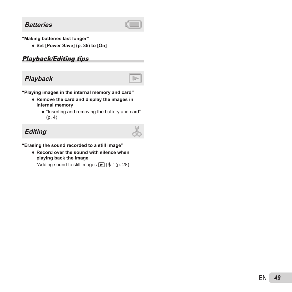 49 en, Batteries, Playback/editing tips playback | Editing | Olympus VH-410 User Manual | Page 49 / 71