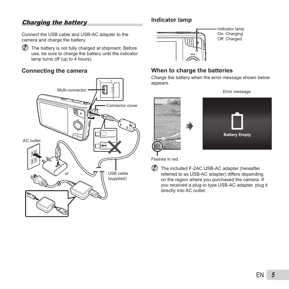 Charging the battery | Olympus VH-410 User Manual | Page 5 / 71