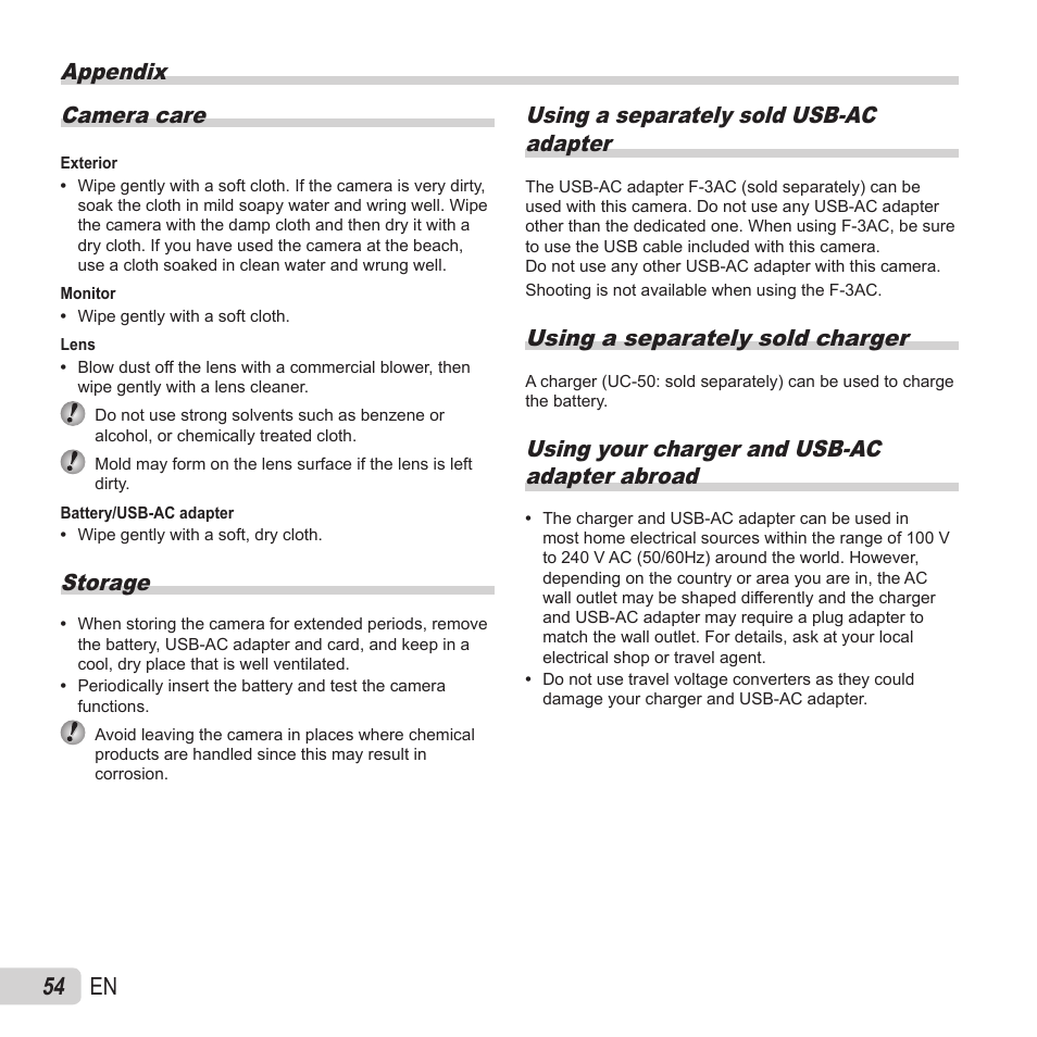 Appendix, 54 en, Appendix camera care | Storage, Using a separately sold usb-ac adapter, Using a separately sold charger, Using your charger and usb-ac adapter abroad | Olympus VH-410 User Manual | Page 54 / 71