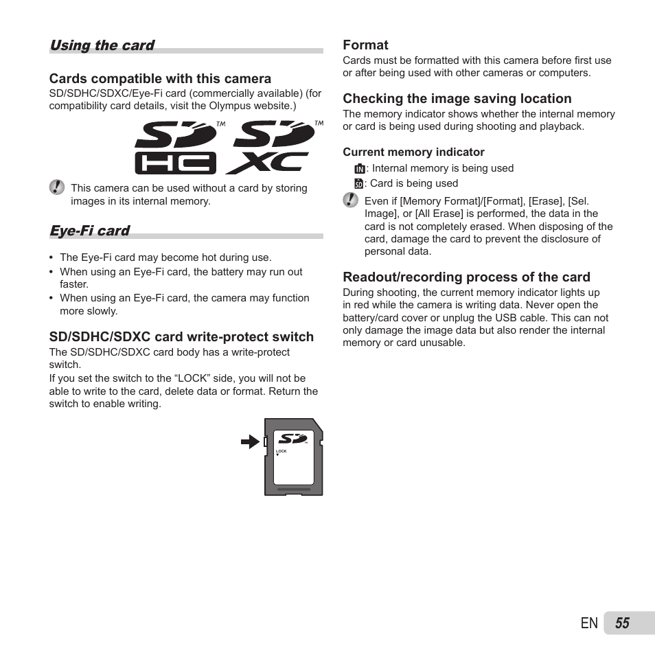 55 en, Using the card, Eye-fi card | Olympus VH-410 User Manual | Page 55 / 71