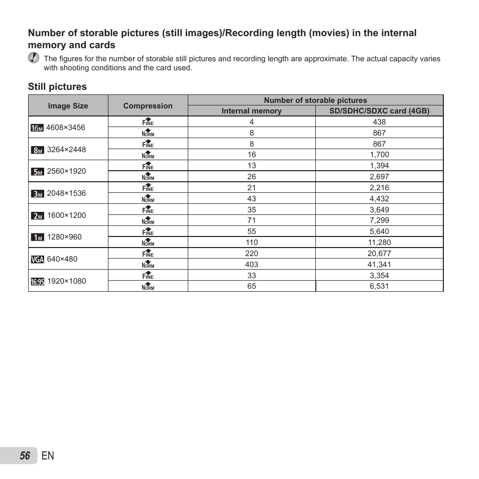 56 en, Still pictures | Olympus VH-410 User Manual | Page 56 / 71