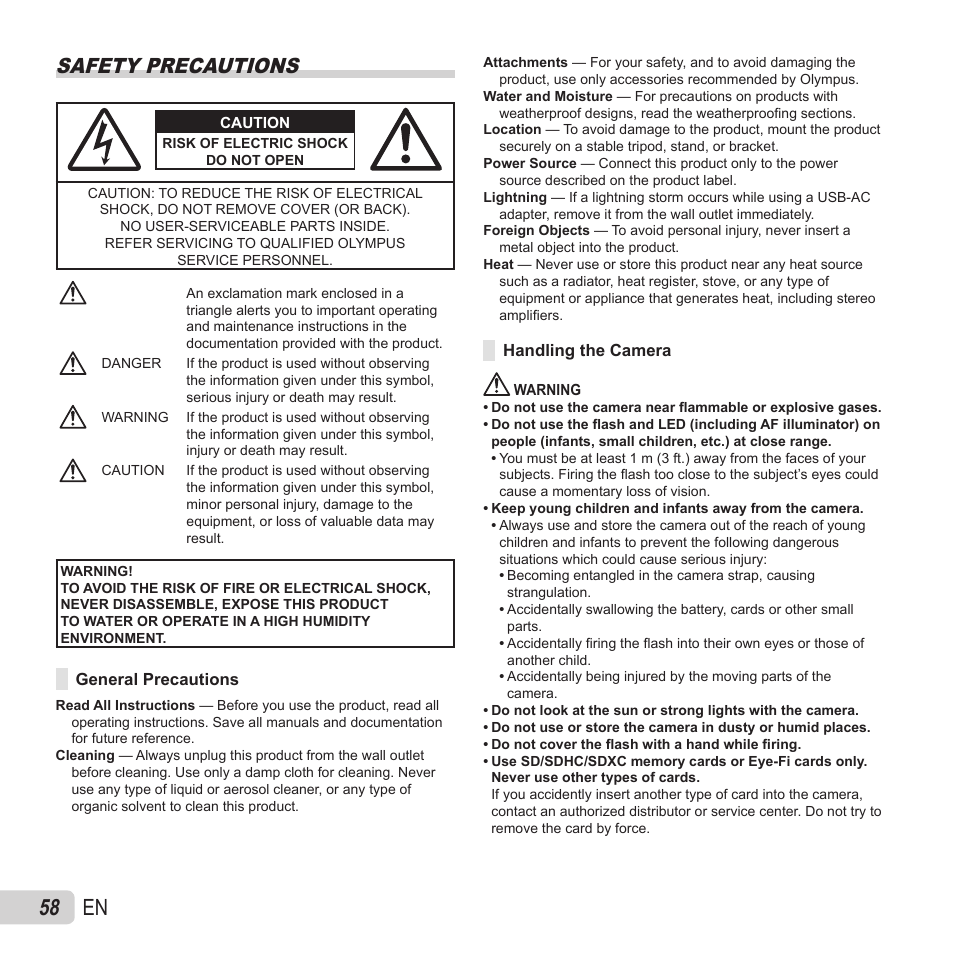 58 en, Safety precautions | Olympus VH-410 User Manual | Page 58 / 71