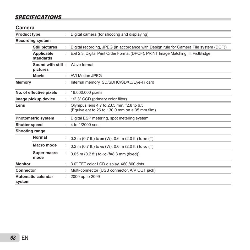 68 en, Specifications, Camera | Olympus VH-410 User Manual | Page 68 / 71