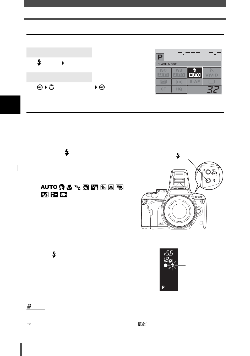 Setting the flash mode, Using the built-in flash, Setting the flash mode using the built-in flash | P. 48 | Olympus E-400 User Manual | Page 48 / 164