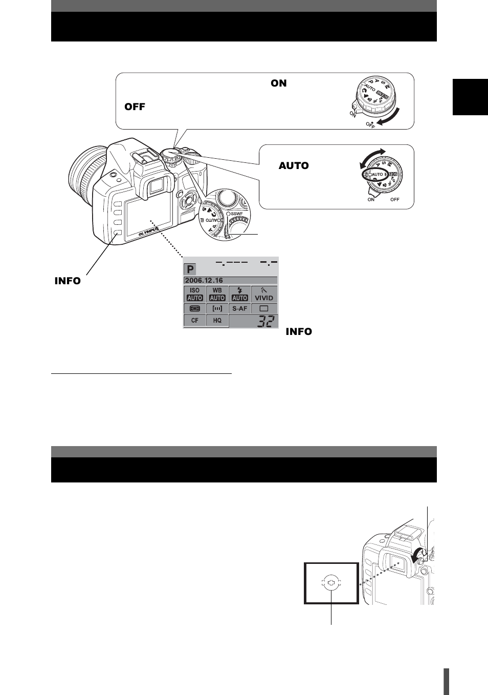 Power on, Adjusting the viewfinder’s diopter | Olympus E-400 User Manual | Page 7 / 164