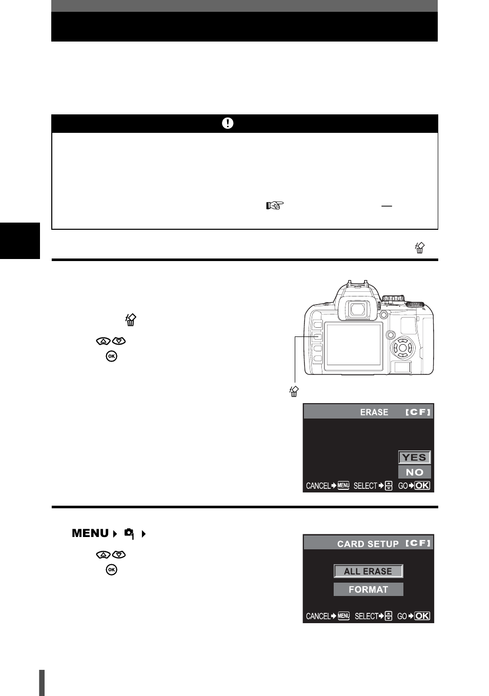 Erasing images, Single-frame erase, All-frame erase | Single-frame erase all-frame erase | Olympus E-400 User Manual | Page 88 / 164