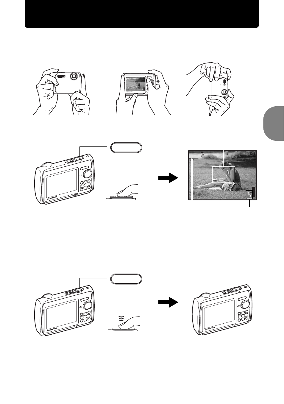 Take a picture, A. hold the camera. c. shoot, B. focus | Olympus µ 790 SW User Manual | Page 9 / 80