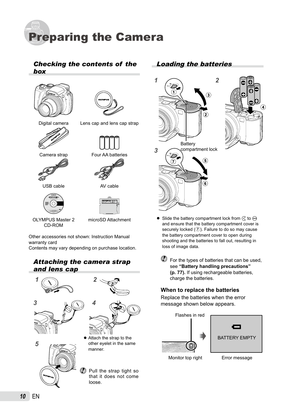 Preparing the camera, Checking the contents of the box, Attaching the camera strap and lens cap | Loading the batteries, 10 en, Loading the batteries 1 3 2 | Olympus SP-565 UZ User Manual | Page 10 / 92