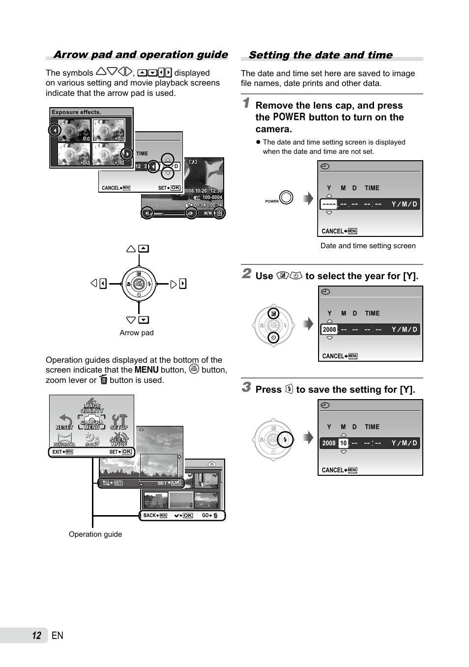 Arrow pad and operation guide, Setting the date and time, 1 en arrow pad and operation guide | Use 78 to select the year for [y, Press : to save the setting for [y | Olympus SP-565 UZ User Manual | Page 12 / 92