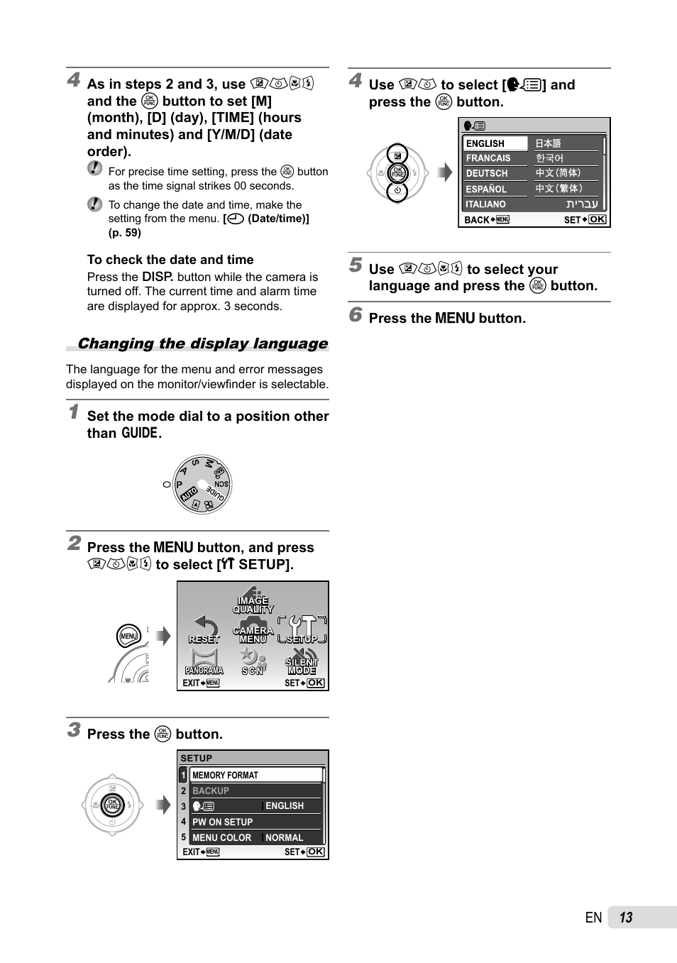 Changing the display language, 1 en | Olympus SP-565 UZ User Manual | Page 13 / 92