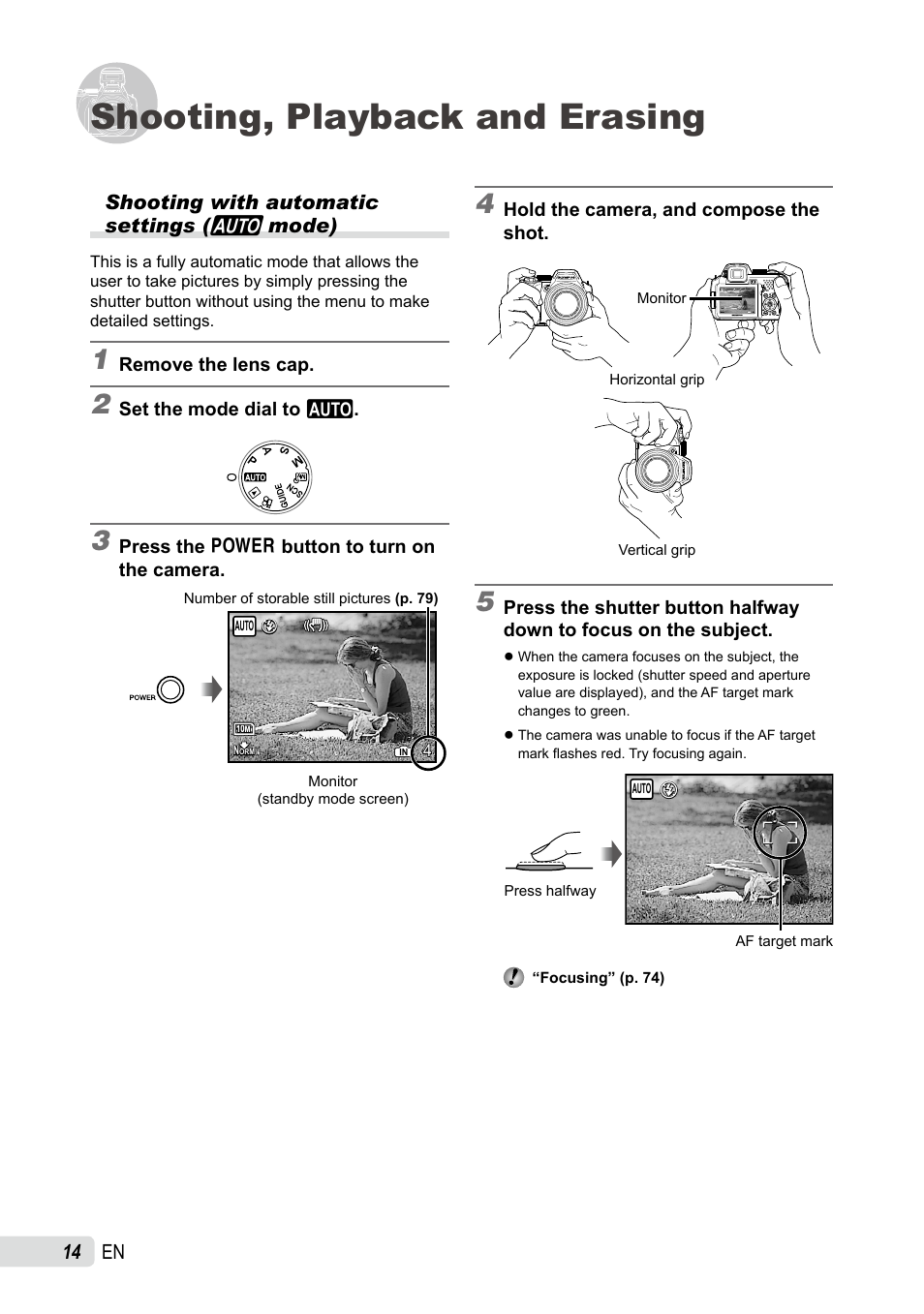 Shooting, playback and erasing, Shooting with automatic settings, 1 en | Shooting with automatic settings ( h mode) | Olympus SP-565 UZ User Manual | Page 14 / 92