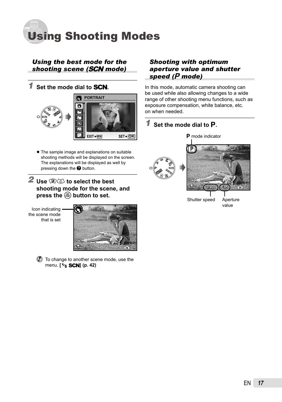 Using shooting modes, Using the best mode for the shooting scene | Olympus SP-565 UZ User Manual | Page 17 / 92