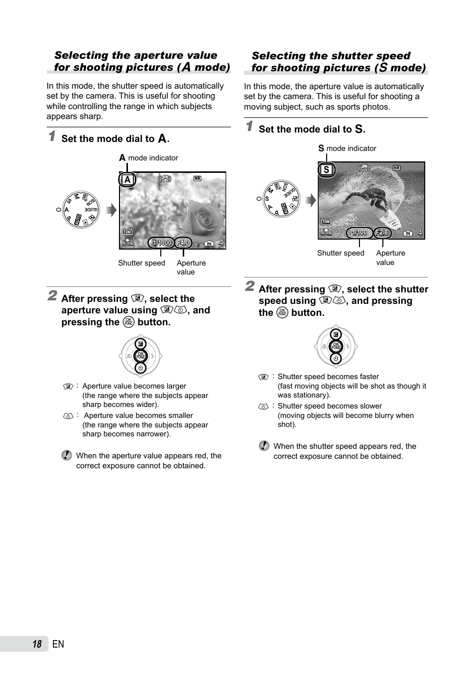 Selecting the aperture value for shooting pictures, Selecting the shutter speed for shooting pictures | Olympus SP-565 UZ User Manual | Page 18 / 92