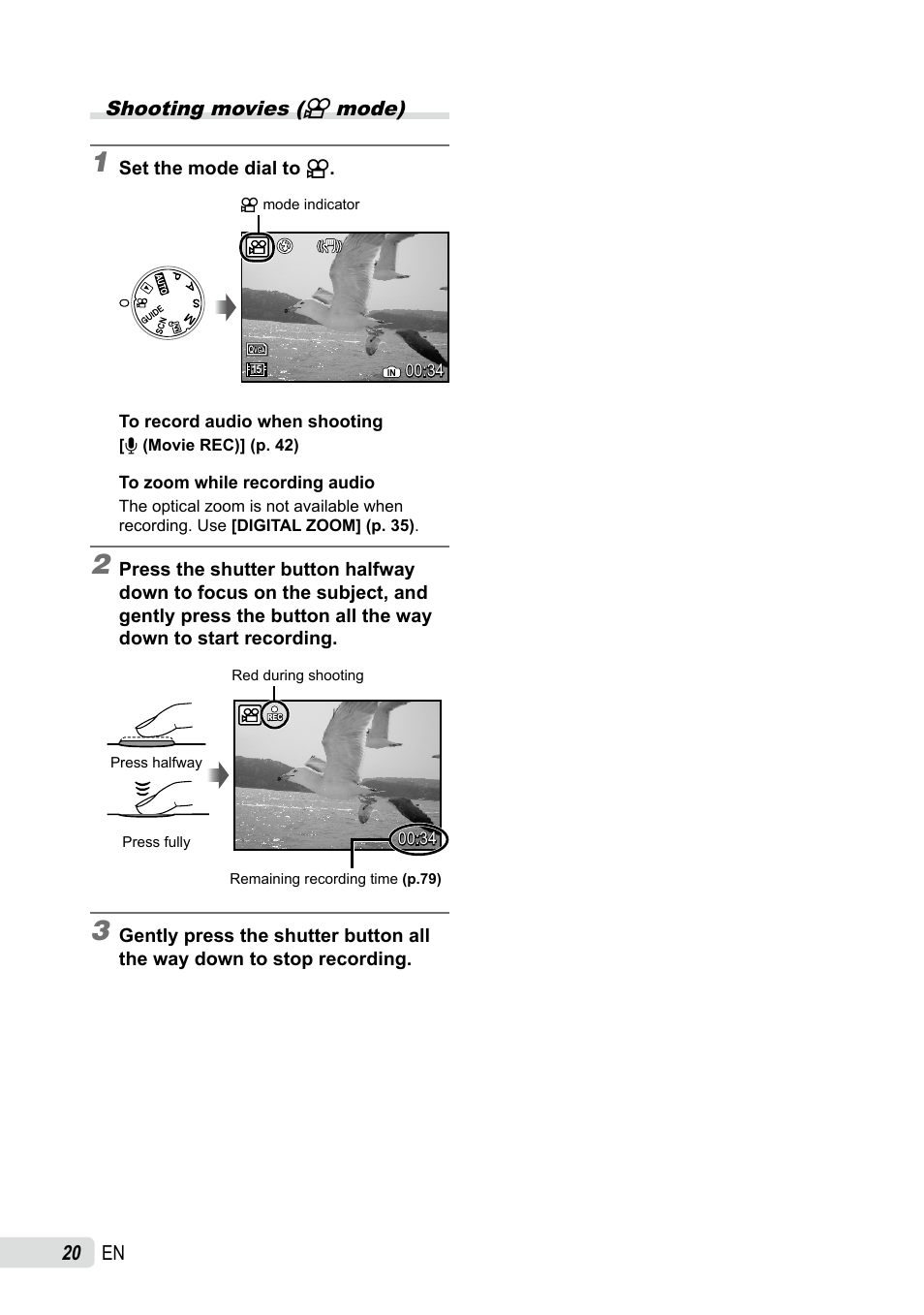 Shooting movies, 0 en shooting movies (n mode) | Olympus SP-565 UZ User Manual | Page 20 / 92