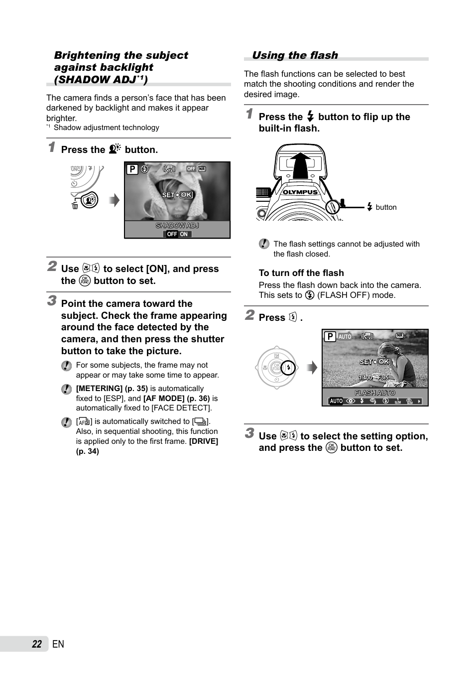 Using the flash, En using the flash | Olympus SP-565 UZ User Manual | Page 22 / 92