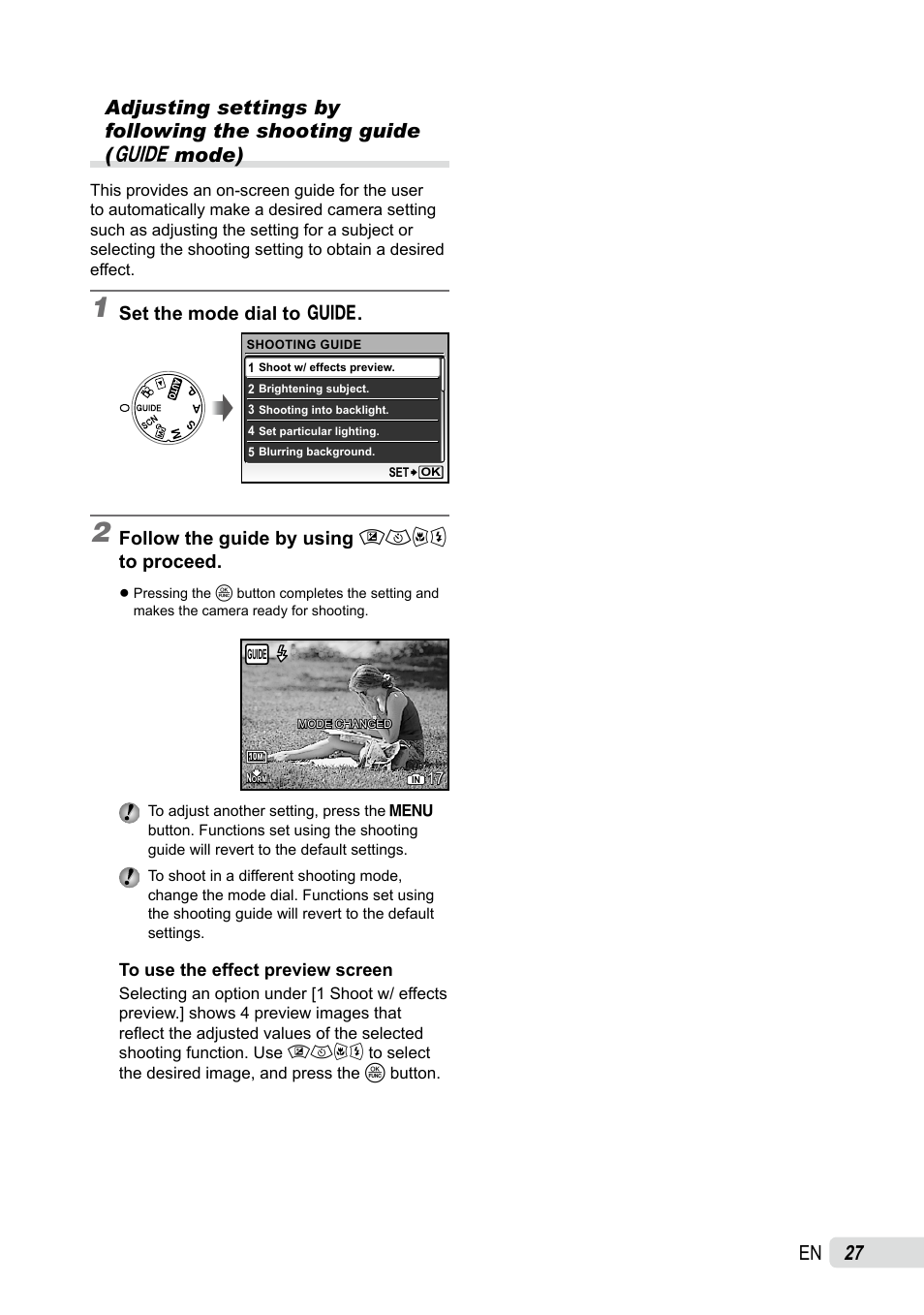 Adjusting settings by following the shooting guide | Olympus SP-565 UZ User Manual | Page 27 / 92