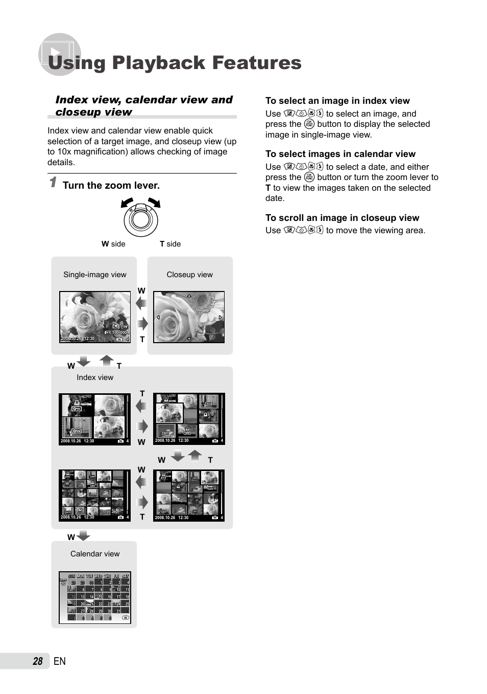 Using playback features, Index view, calendar view and closeup view, En index view, calendar view and closeup view | Turn the zoom lever, Use 789: to move the viewing area, Calendar view | Olympus SP-565 UZ User Manual | Page 28 / 92
