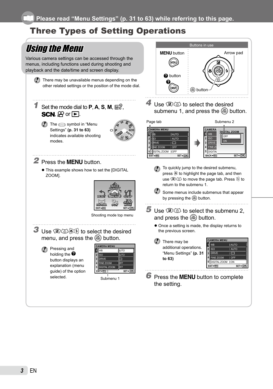 Using the menu, Three types of setting operations, Set the mode dial to p , a , s , m , r, s, a or q | Press the  button, Press the  button to complete the setting | Olympus SP-565 UZ User Manual | Page 3 / 92