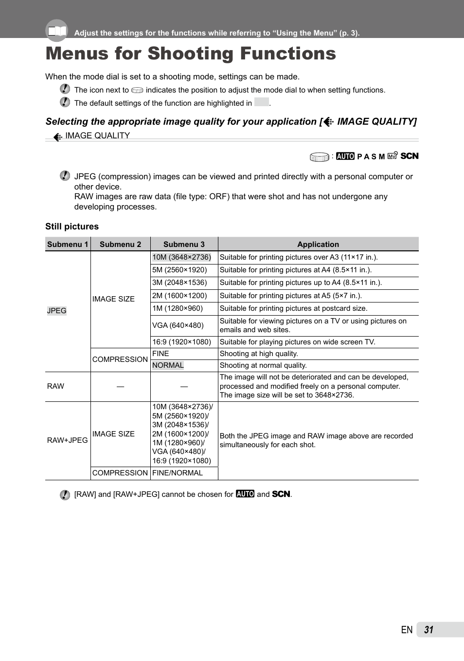 Menus for shooting functions, 1 en | Olympus SP-565 UZ User Manual | Page 31 / 92
