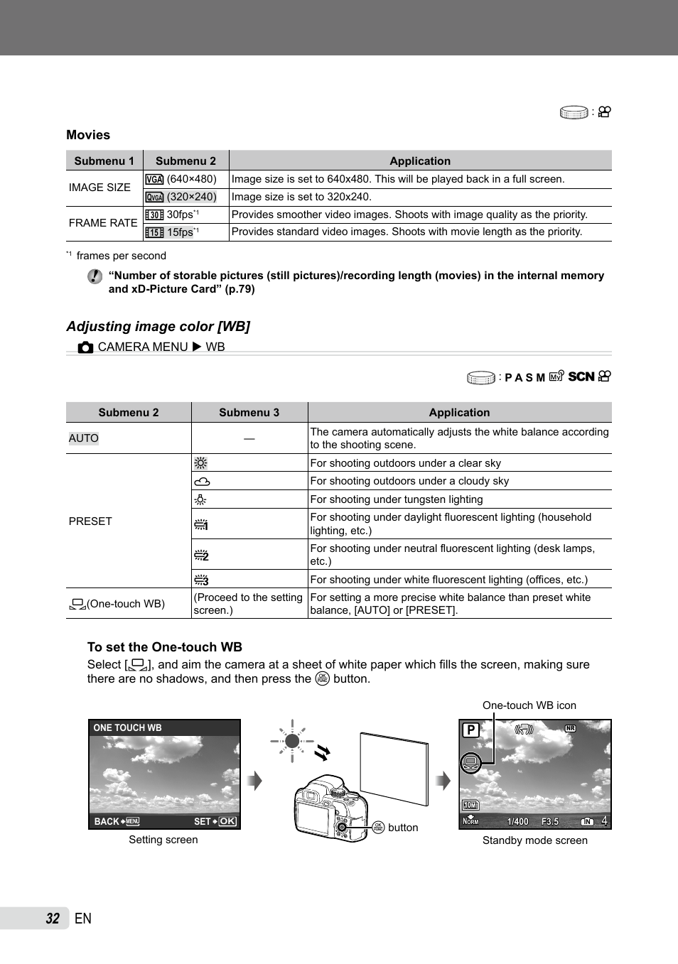 Adjusting image color, Adjusting image color [wb, Movies | Olympus SP-565 UZ User Manual | Page 32 / 92
