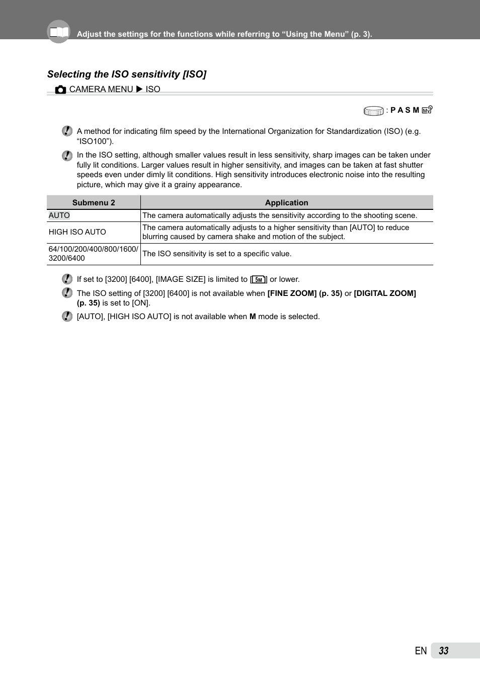 Selecting the iso sensitivity | Olympus SP-565 UZ User Manual | Page 33 / 92