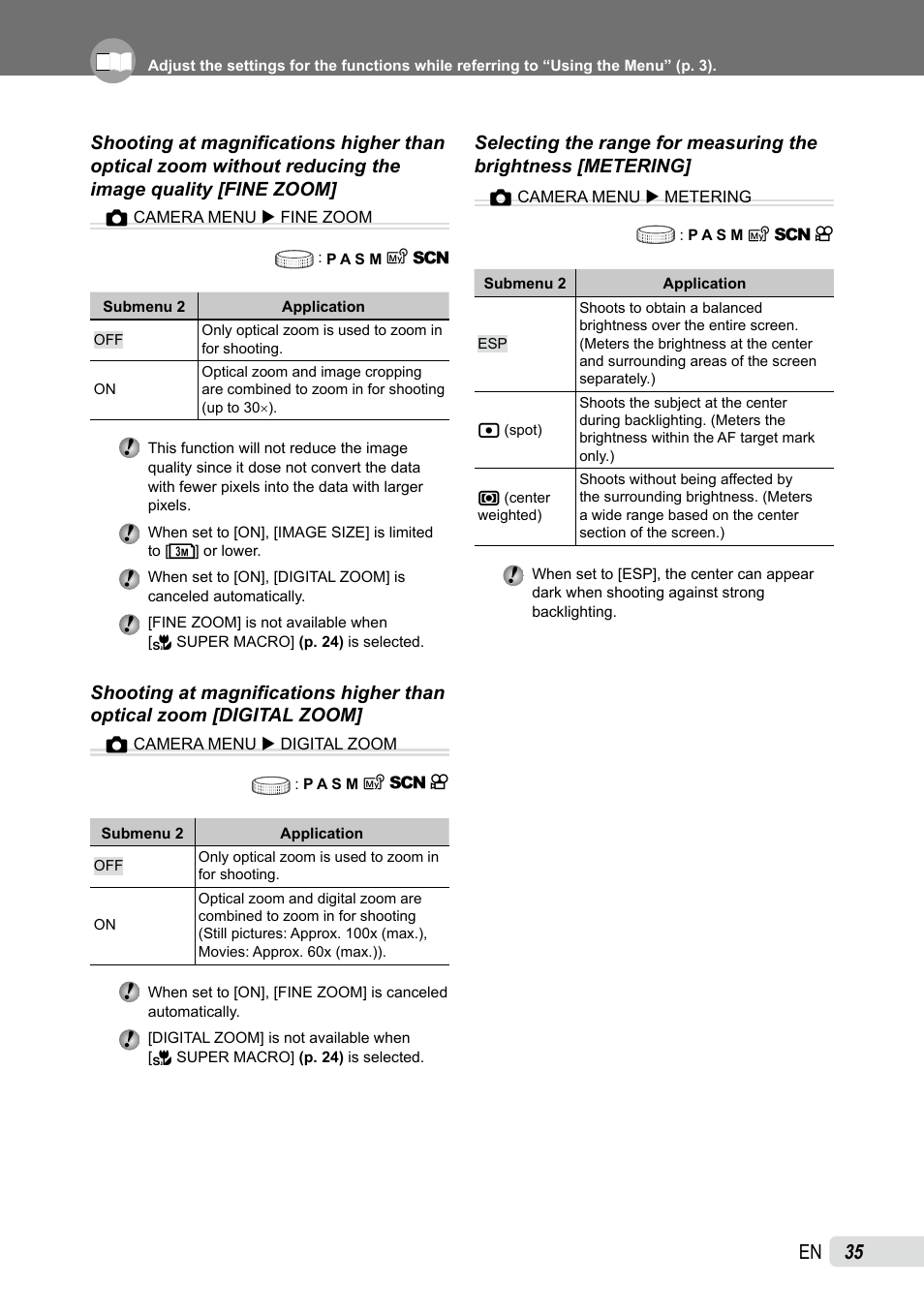 Selecting the range for measuring the brightness | Olympus SP-565 UZ User Manual | Page 35 / 92