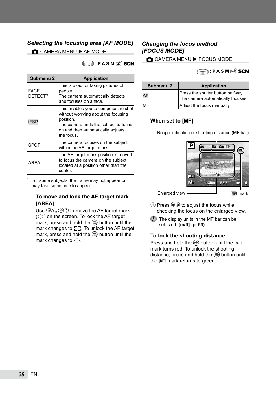 Selecting the focusing area, Changing the focus method, Selecting the focusing area [af mode | Changing the focus method [focus mode | Olympus SP-565 UZ User Manual | Page 36 / 92