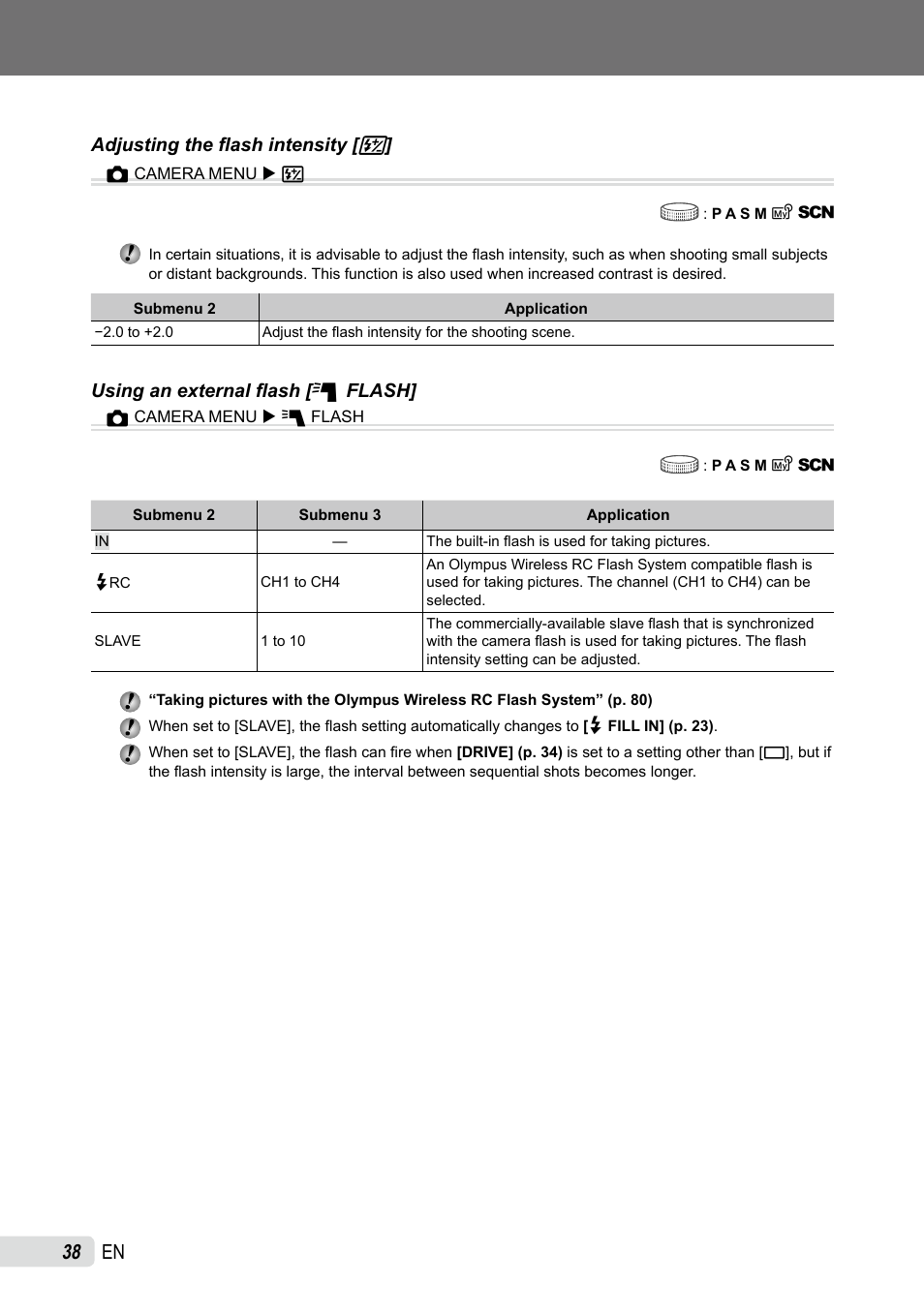 Adjusting the flash intensity, Using an external flash | Olympus SP-565 UZ User Manual | Page 38 / 92