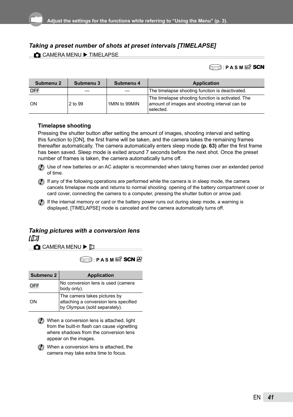 Taking pictures with a conversion lens, 1 en | Olympus SP-565 UZ User Manual | Page 41 / 92