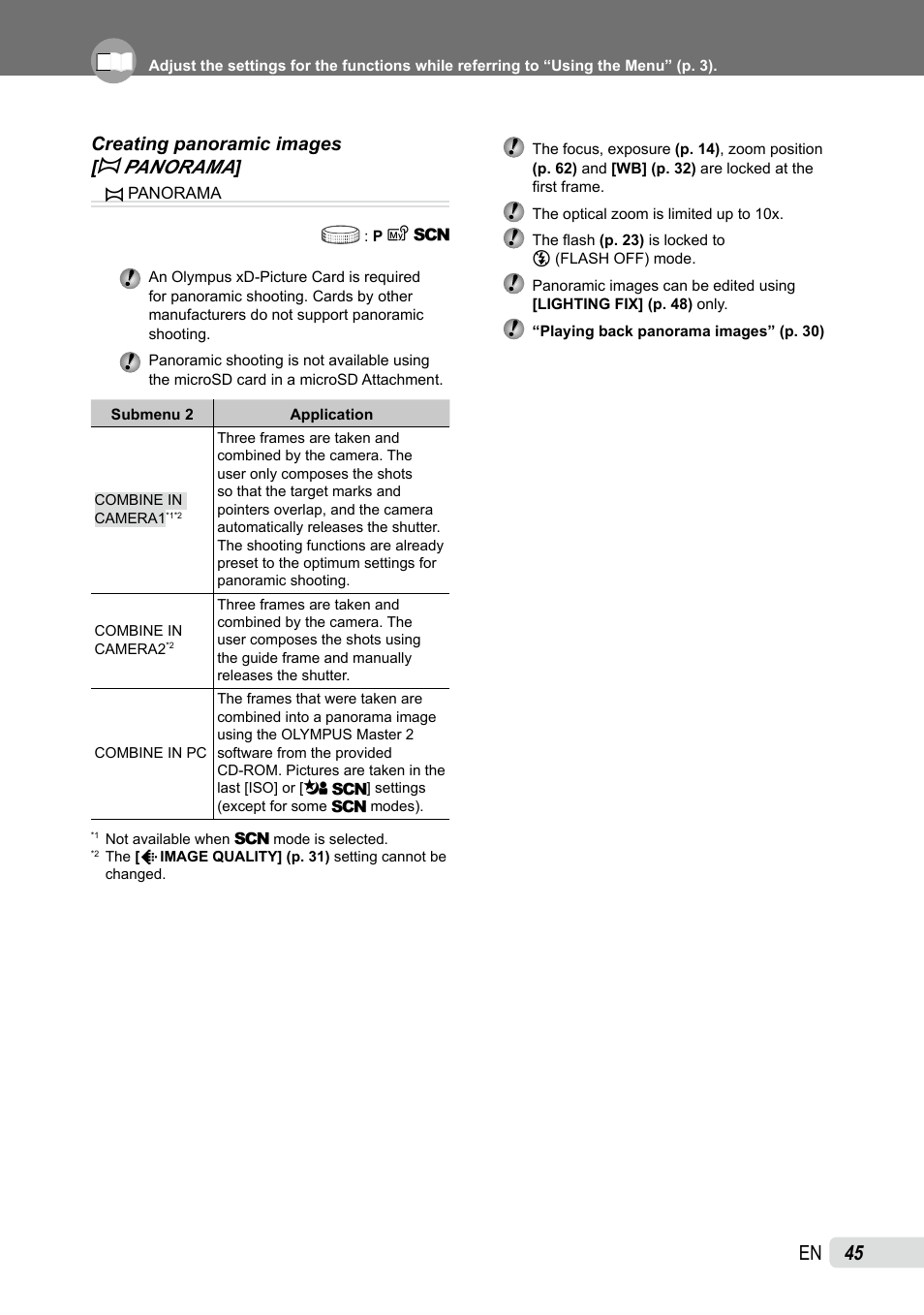 Creating panoramic images, Panorama | Olympus SP-565 UZ User Manual | Page 45 / 92