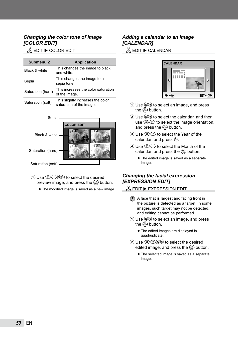 Changing the color tone of image, Adding a calendar to an image, Changing the facial expression | 0 en | Olympus SP-565 UZ User Manual | Page 50 / 92