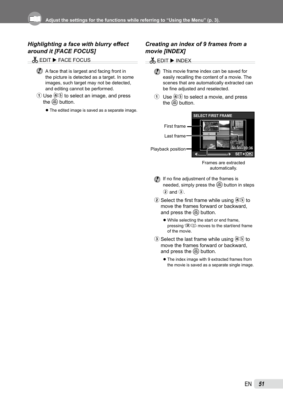 Highlighting a face with blurry effect around it, Creating an index of 9 frames from a movie, 1 en | Olympus SP-565 UZ User Manual | Page 51 / 92