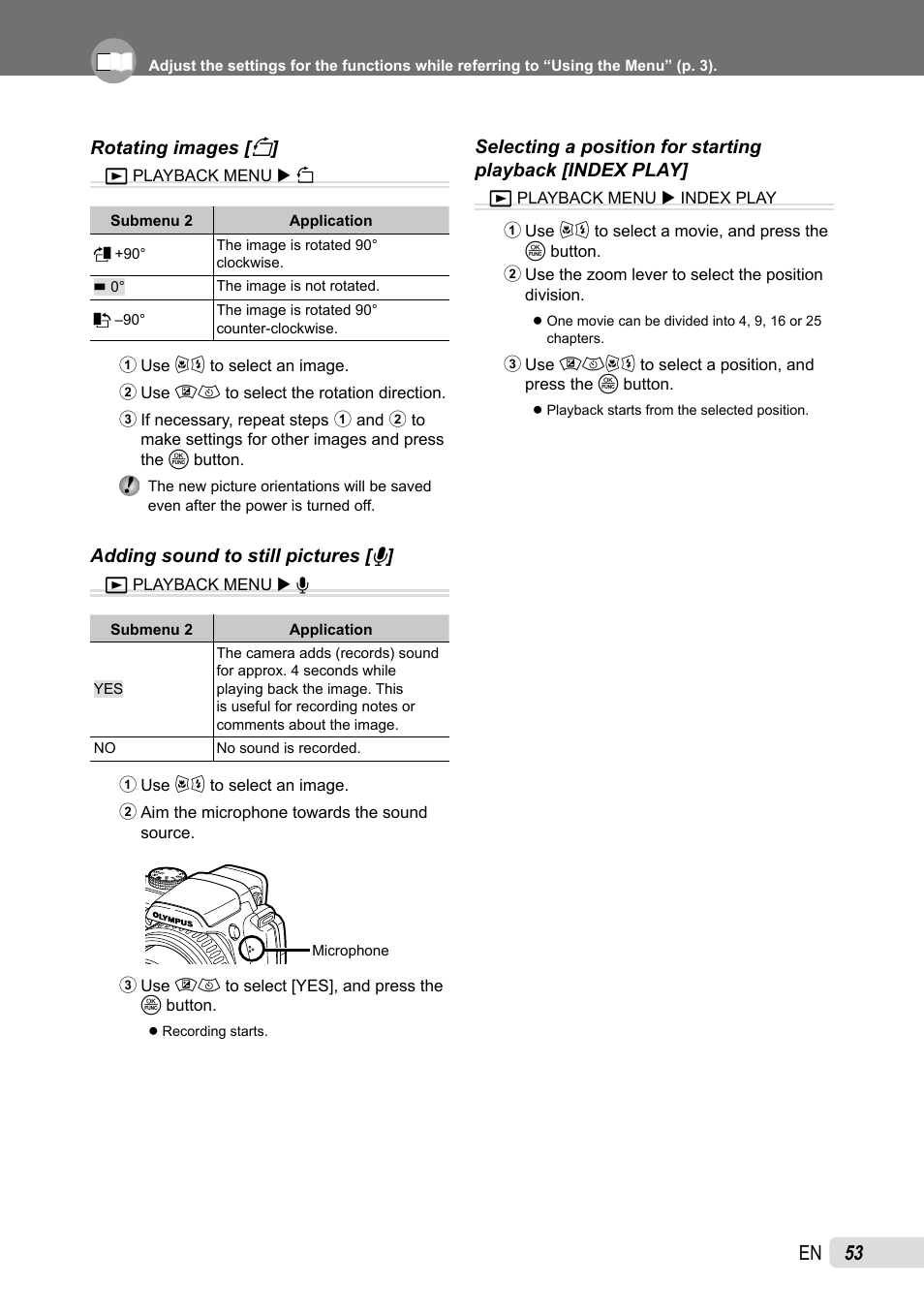 Rotating images, Adding sound to still pictures, Selecting a position for starting playback | Olympus SP-565 UZ User Manual | Page 53 / 92