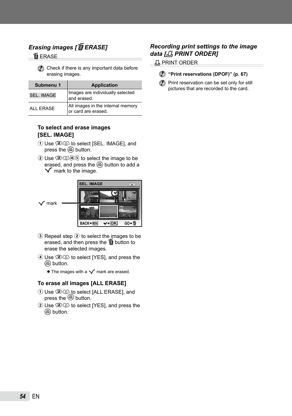 Erasing images, Recording print settings to the image data | Olympus SP-565 UZ User Manual | Page 54 / 92