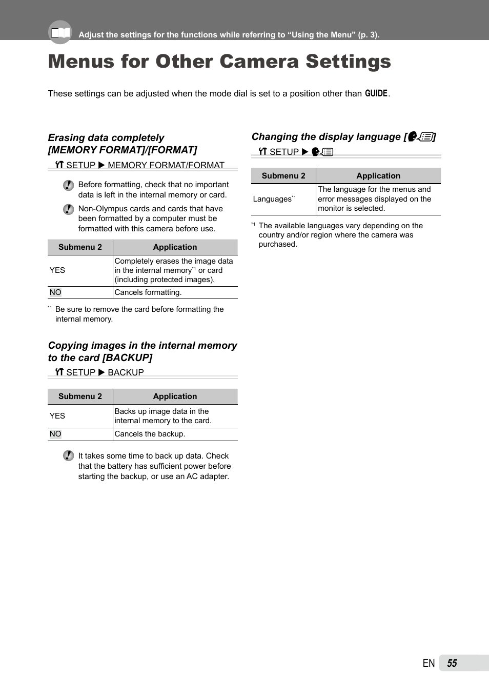 Menus for other camera settings, Erasing data completely, Copying images in the internal memory to the card | Changing the display language | Olympus SP-565 UZ User Manual | Page 55 / 92