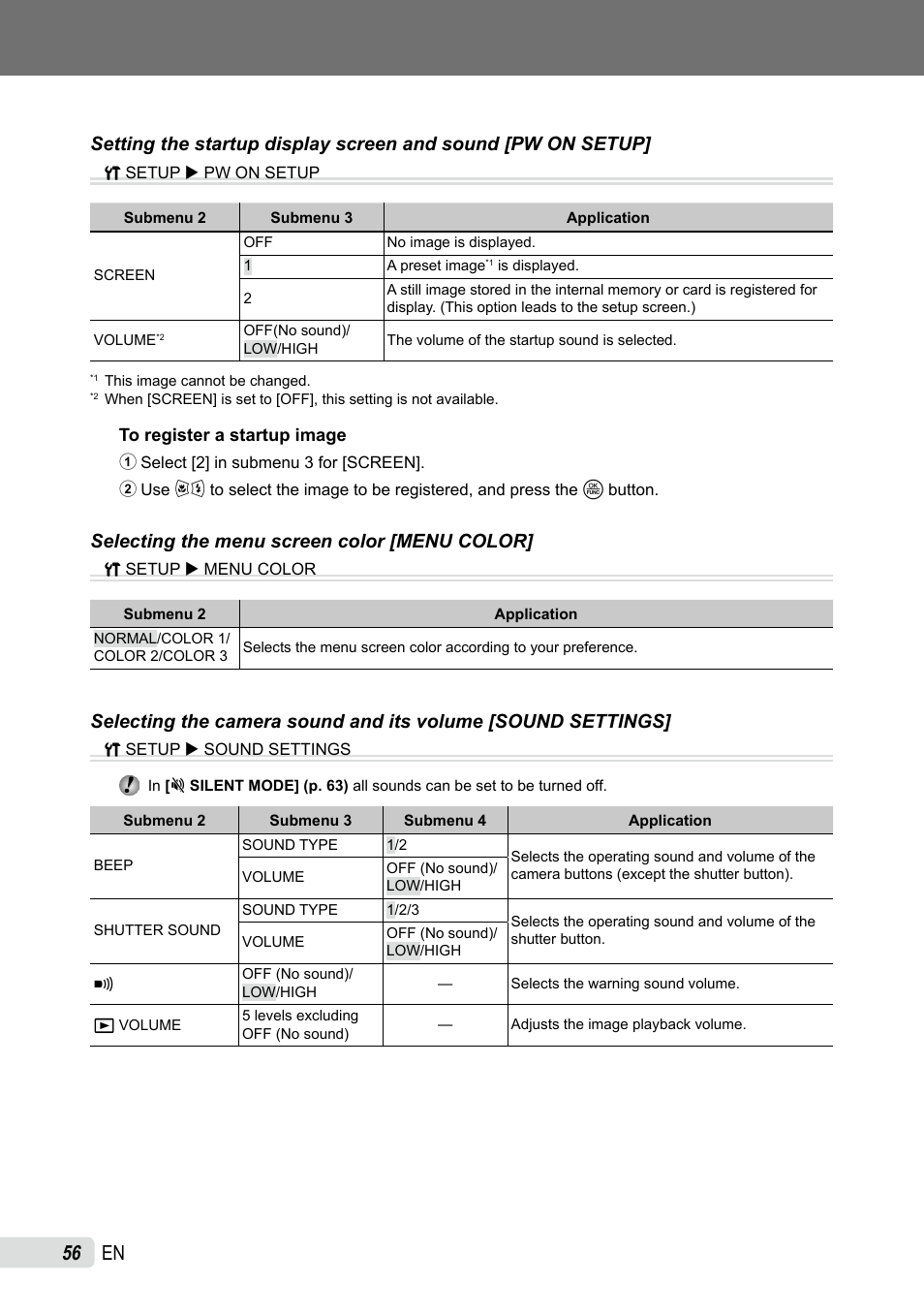 Setting the startup display screen and sound, Selecting the menu screen color, Selecting the camera sound and its volume | Selecting the menu screen color [menu color | Olympus SP-565 UZ User Manual | Page 56 / 92