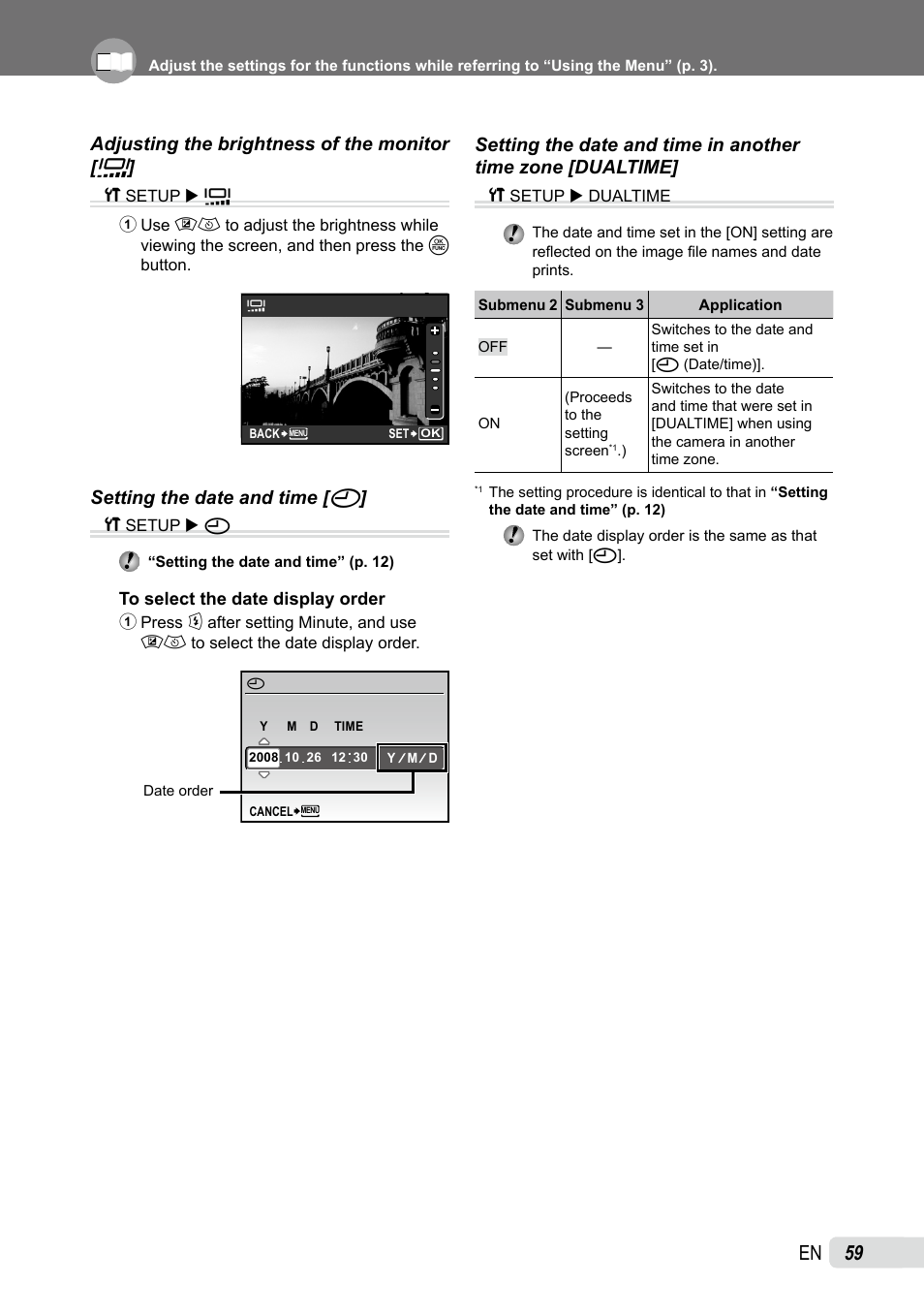 Adjusting the brightness of the monitor, Setting the date and time, Setting the date and time in another time zone | Olympus SP-565 UZ User Manual | Page 59 / 92