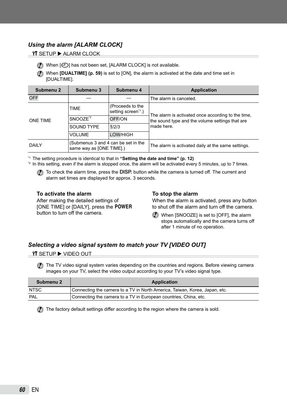 Using the alarm, Selecting a video signal system to match your tv, 0 en | Using the alarm [alarm clock | Olympus SP-565 UZ User Manual | Page 60 / 92