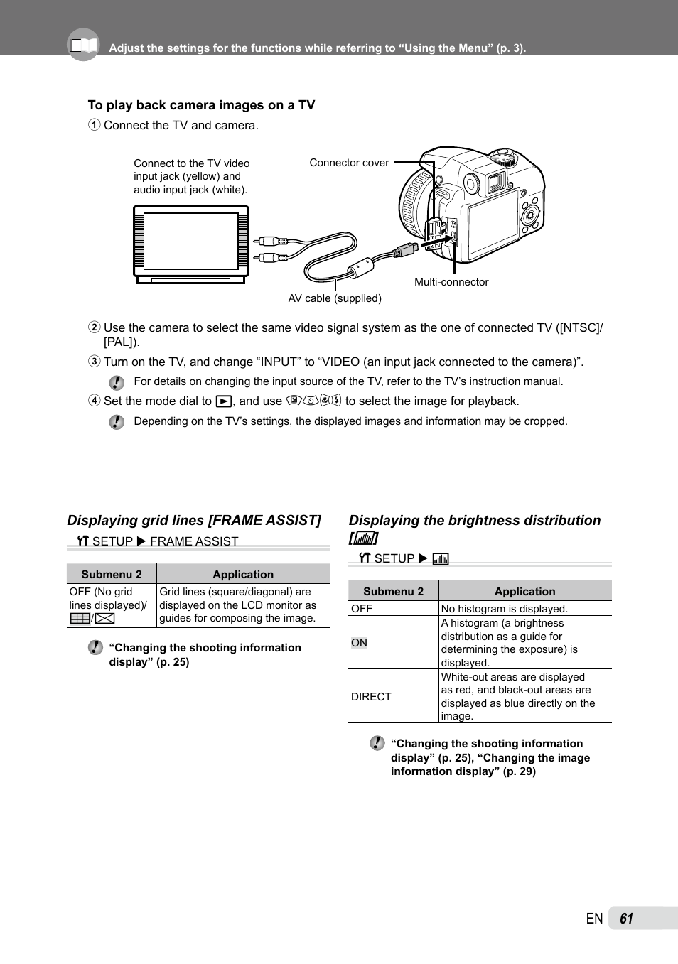 Displaying grid lines, Displaying the brightness distribution, 1 en 1 | Olympus SP-565 UZ User Manual | Page 61 / 92