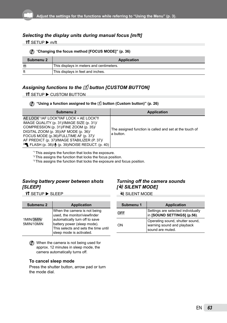 Selecting the display units during manual focus, Assigning functions to the custom button, Saving battery power between shots | Turning off the camera sounds, Assigning functions to the, Button [custom button, Saving battery power between shots [sleep, Silent mode | Olympus SP-565 UZ User Manual | Page 63 / 92