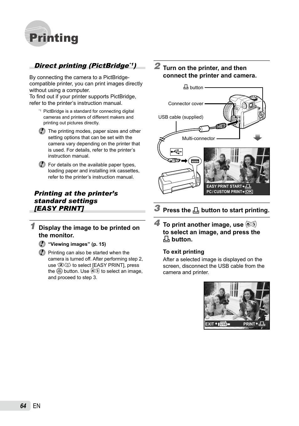 Printing, Direct printing (pictbridge), Printing at the printer’s standard settings | Direct printing (pictbridge | Olympus SP-565 UZ User Manual | Page 64 / 92