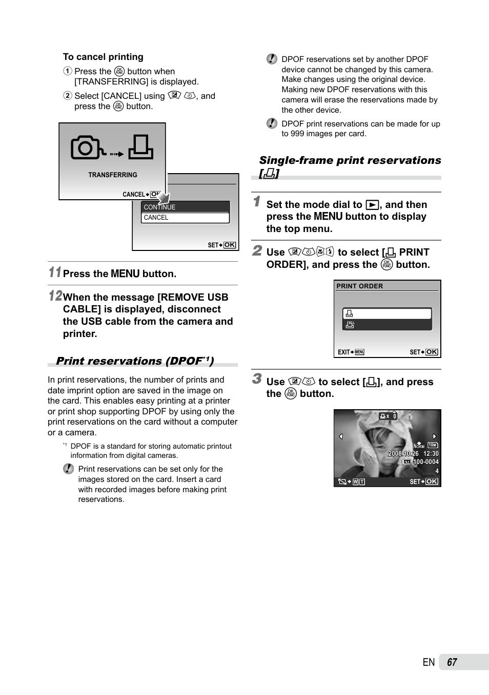 Print reservations (dpof), Single-frame print reservations, Print reservations (dpof | Olympus SP-565 UZ User Manual | Page 67 / 92