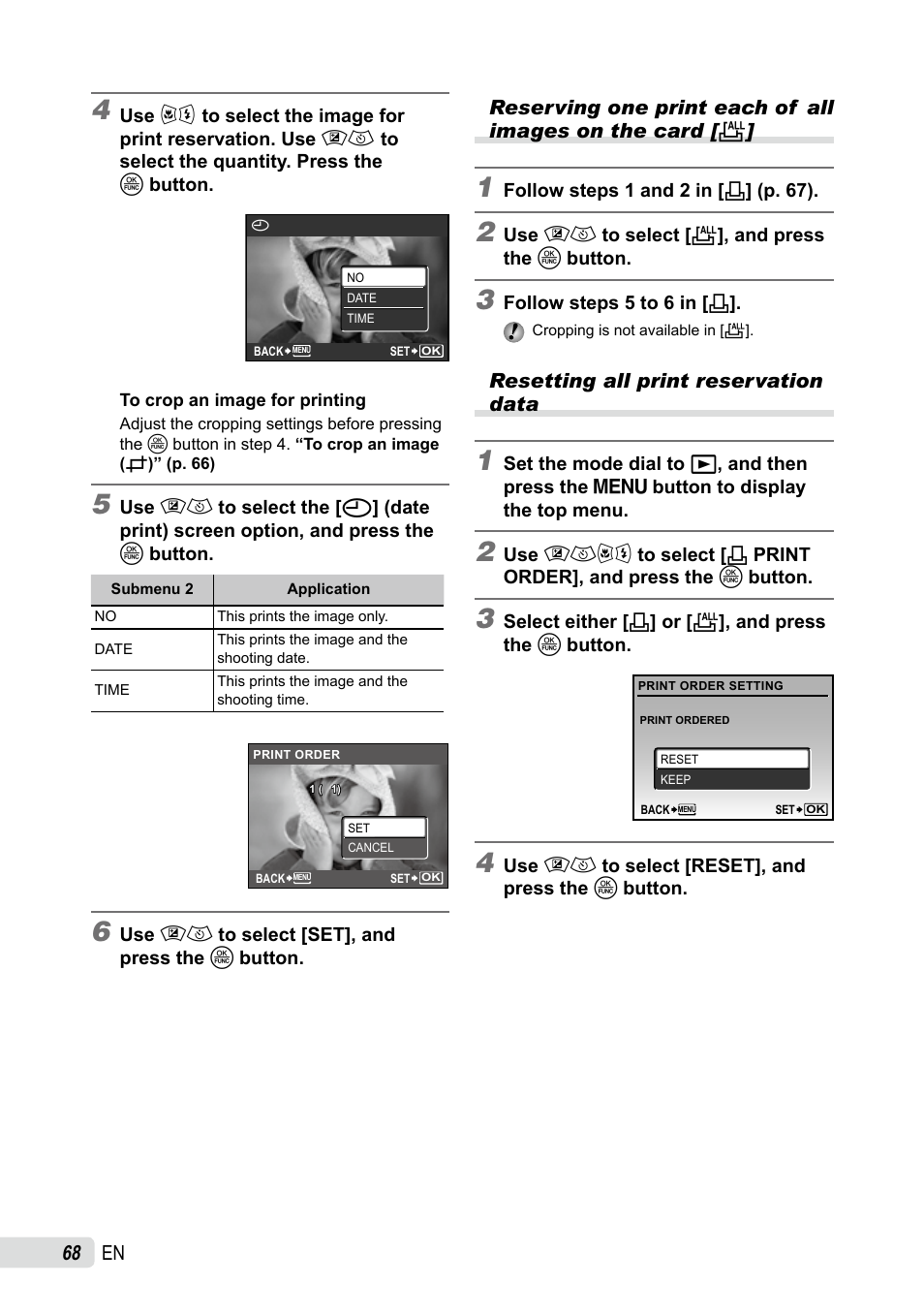 Reserving one print each of all images on the card, Resetting all print reservation data | Olympus SP-565 UZ User Manual | Page 68 / 92