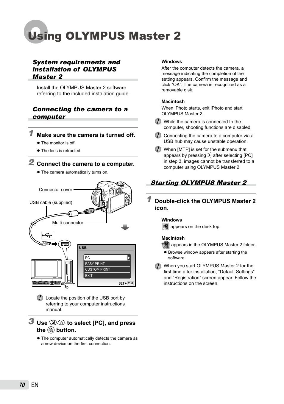 Using olympus master 2, Connecting the camera to a computer, Starting olympus master 2 | 0 en | Olympus SP-565 UZ User Manual | Page 70 / 92