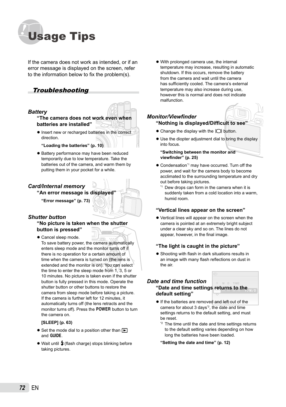 Usage tips, Troubleshooting | Olympus SP-565 UZ User Manual | Page 72 / 92