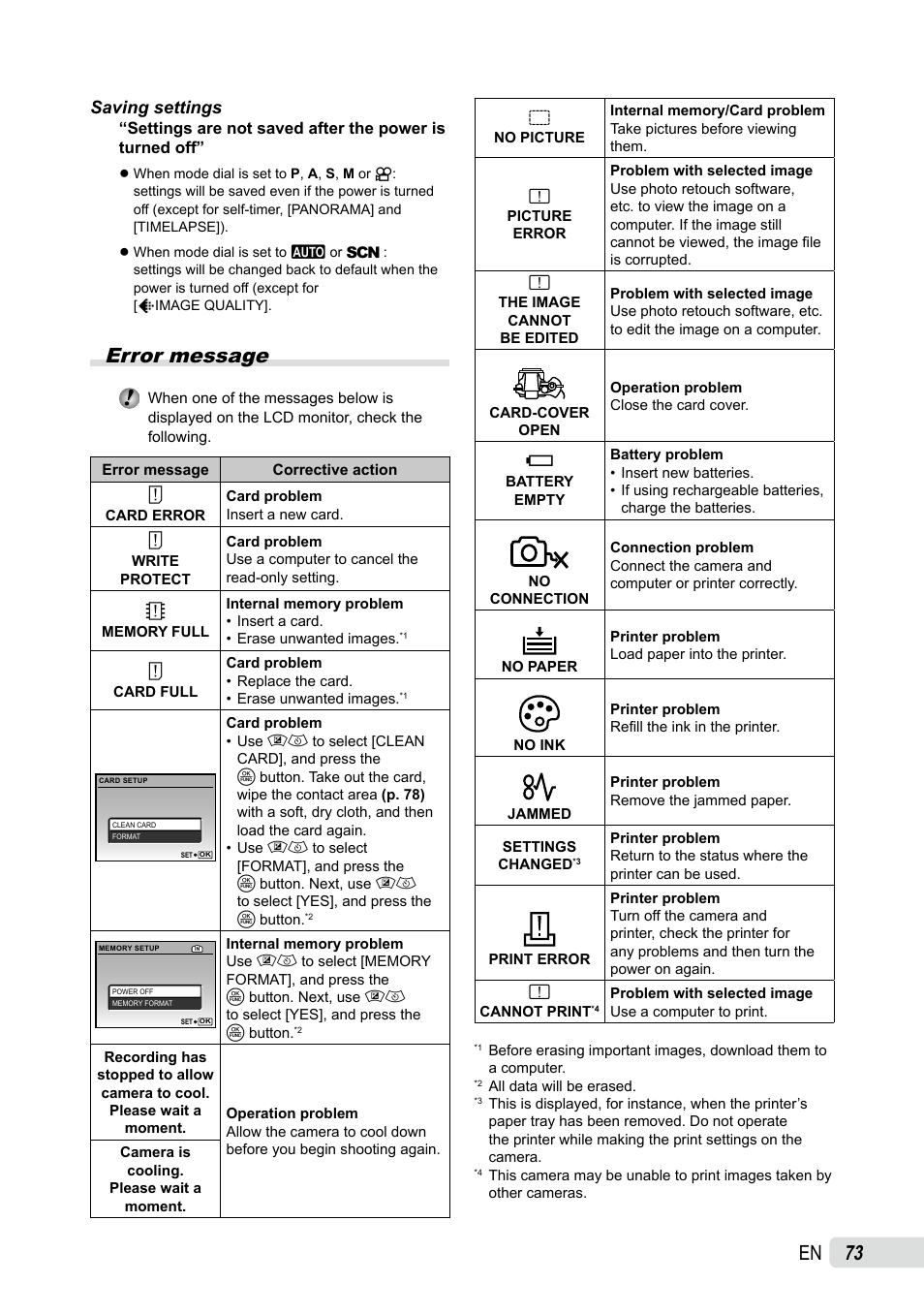 Error message, Saving settings | Olympus SP-565 UZ User Manual | Page 73 / 92